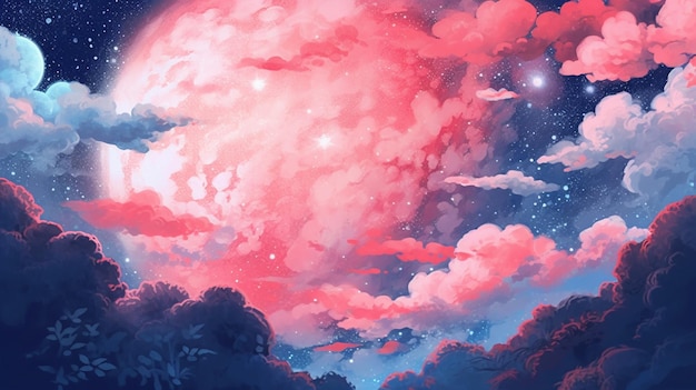 별이 가득한 하늘과 분홍빛 구름