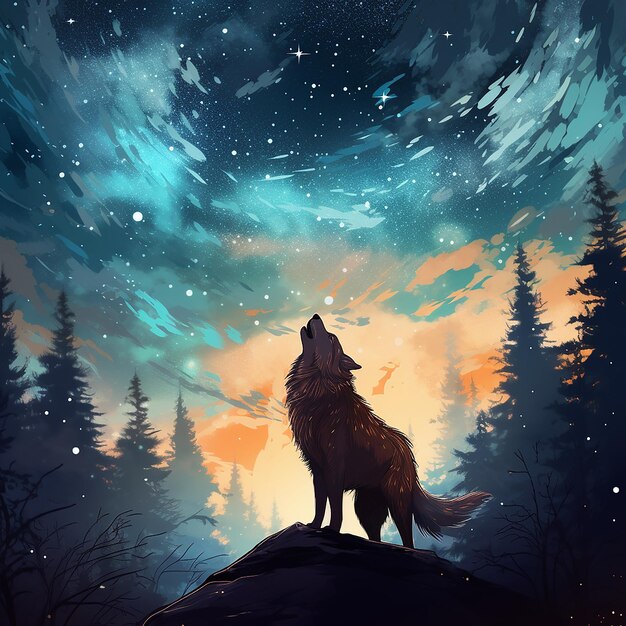A sky full of stars and a wolf howling wig moon background
