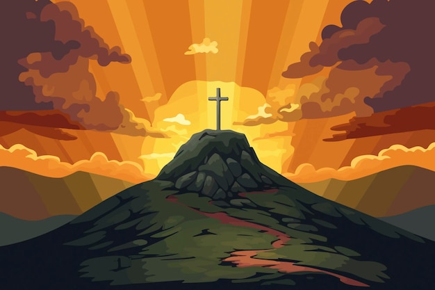 Sky over Golgotha Hill in cartoon majestic light reveals the Holy Cross symbol