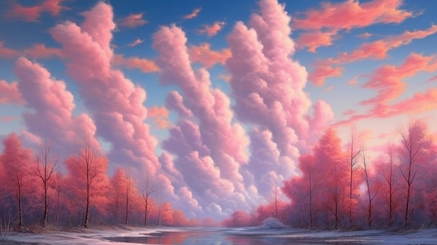 The sky has pink fluffy clouds Generative AI