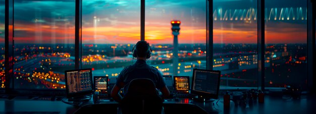 Sky High Communication Inside the Airport Tower with Air Traffic Controllers and Navigation Screens