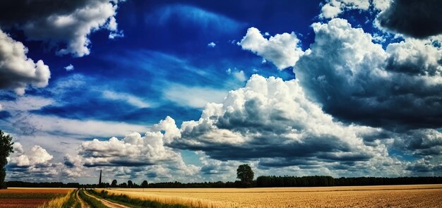 Sky is blue and hazy above a farm