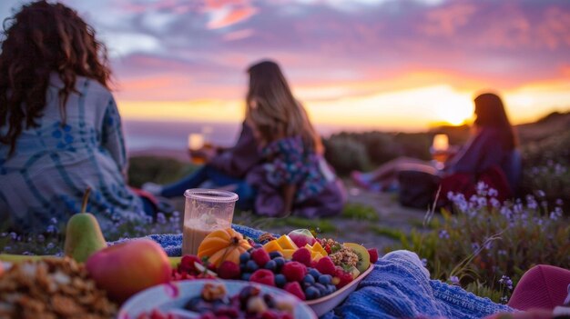 The sky is painted with hues of pink and purple as the picnicgoers enjoy a spread of fresh fruits