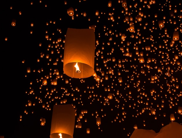 Sky lanterns, flying lanterns, hot-air balloons in Loy Krathong Festival in Chiang Mai Tha