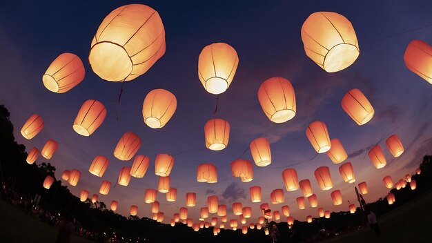 Sky lanterns flying lanterns in loy krathong festival in chiang mai thailand