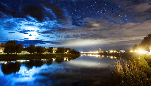 Sky at night reflected in the water of the river