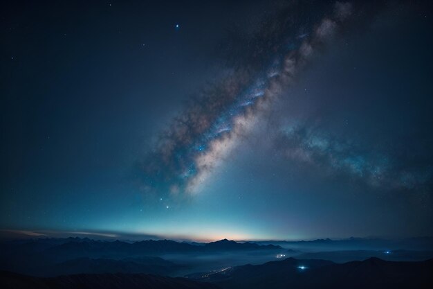 밤의 하늘은 파란색과 검은색으로 은하계가 있습니다.
