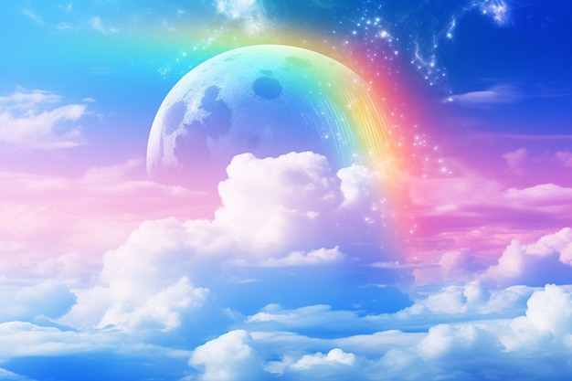 Sky rainbow background with glowing moon design