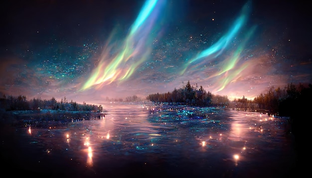 Sky shine over lake surrounded by forest night landscape\
northern lights reflecting in water science fiction beautiful\
nature colorful sparks magic realism concept 3d rendering\
illustration