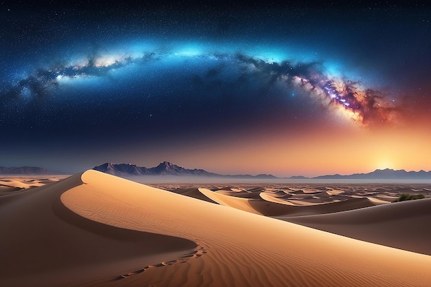 Photo sky starry nightramadan background sunset with desert sand dunebeautiful universe space of galaxy with milky way landscape