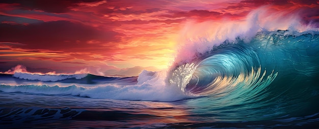 Photo sky sunset on the background of ocean waves ocean waves with pink and scarlet sky