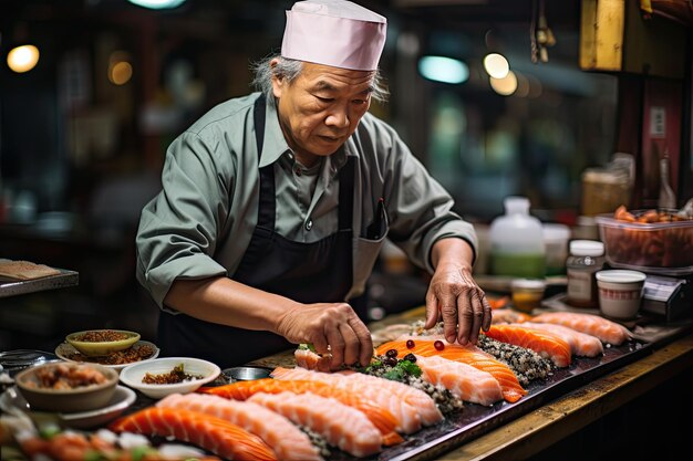 Sky sushi chef creates parts while customers watch attentive generative IA