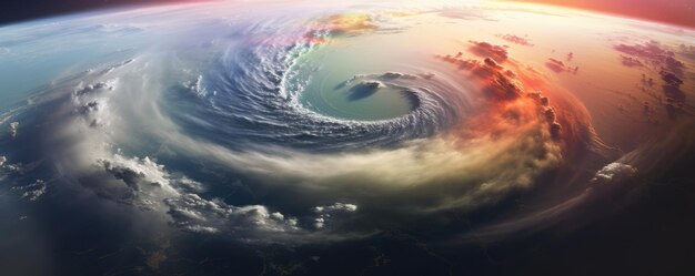 Sky view of hurricane and tornado over earth with falling meteor panorama Generative Ai