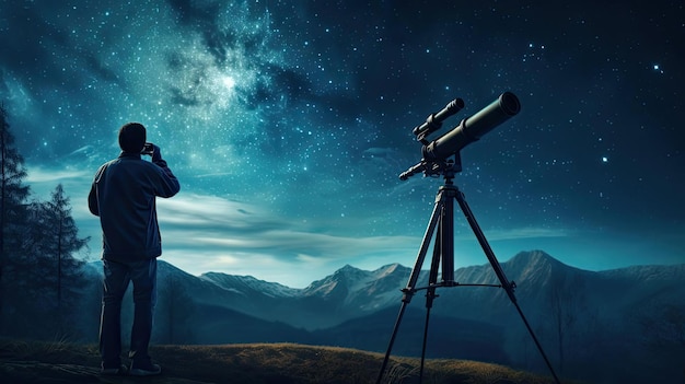 A sky watcher views the through a telescope to observe stars in 
