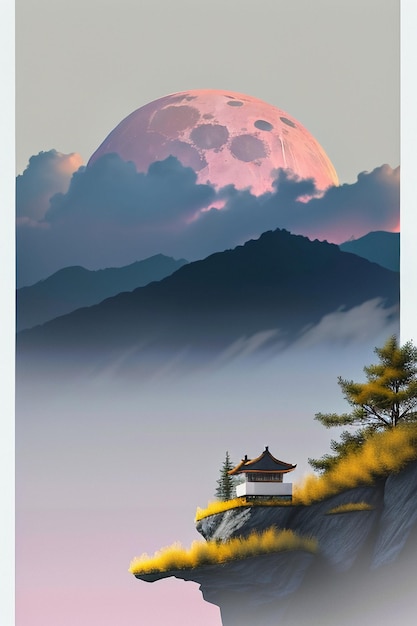 Sky white clouds and mountains house building nature landscape wallpaper background illustration