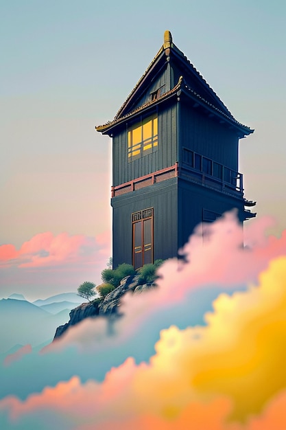 空の白い雲と山の家建物自然風景壁紙背景イラスト
