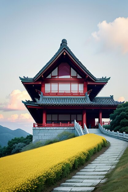 空の白い雲と山の家建物自然風景壁紙背景イラスト