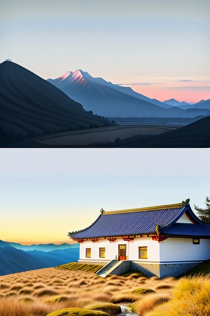 空の白い雲と山の家建物自然風景壁紙背景イラスト