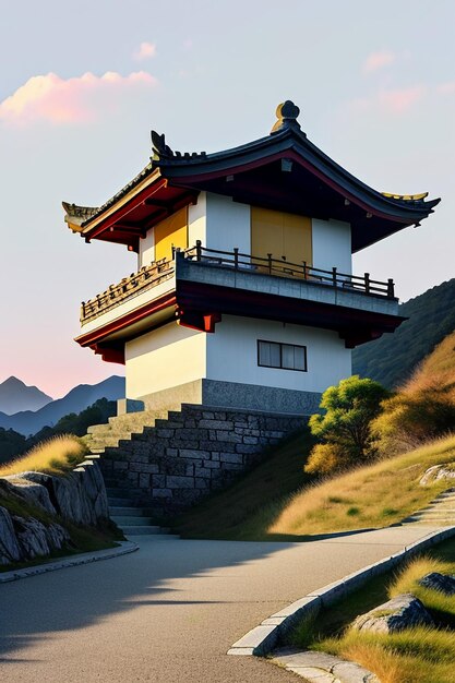 空の白い雲と山の家建物自然風景壁紙背景イラスト