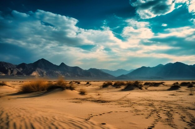 The sky with mountains behind it and the desert