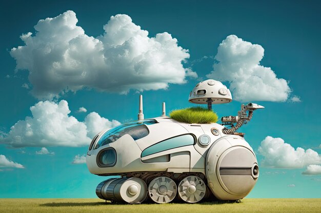 Sky with spectacular clouds and an automatic robot lawnmower