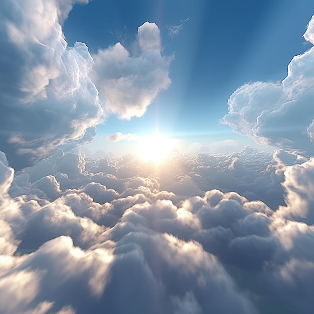 Photo sky with sun rays and fluffy clouds