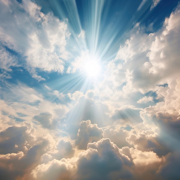 sky with sun rays and fluffy clouds