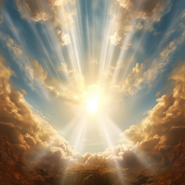 sky with sun rays and fluffy clouds