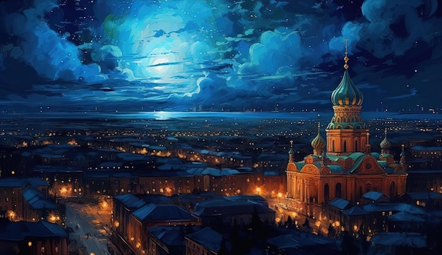 the sky with a view of the cathedral at night