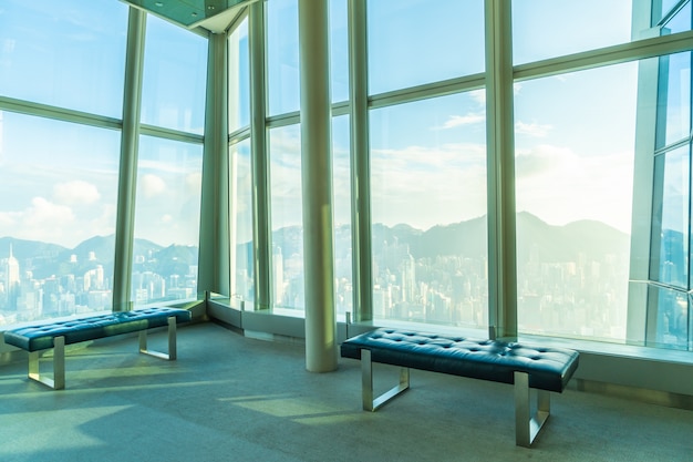 Sky100 observation deck with beautiful hong kong city skyline