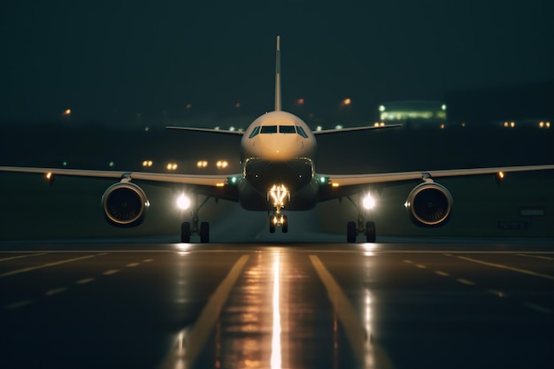 공항 활주로에 이륙하거나 착륙하는 하늘을 향한 항공기 생성 AI