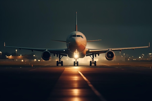 Взлет или посадка воздушного самолета на взлетно-посадочной полосе аэропорта
