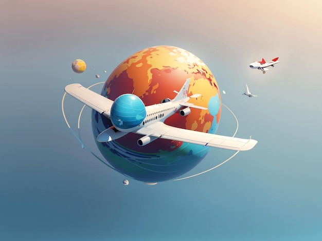 Photo skybound voyager airplane soaring over small planet logo at 0