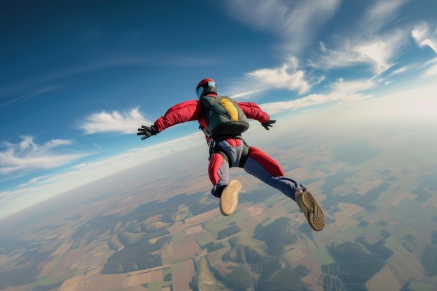 Skydiver in vrije val over landelijk landschap Luchtbeeld met heldere blauwe hemel