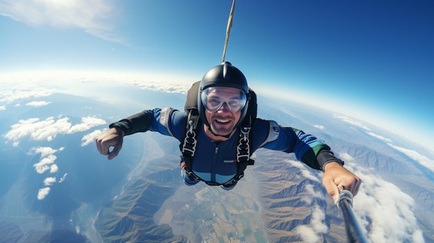 Skydiver vliegt over de wolken tegen de heldere