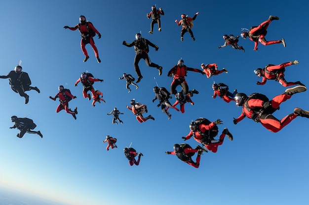 Skydivers descending against a clear blue sky