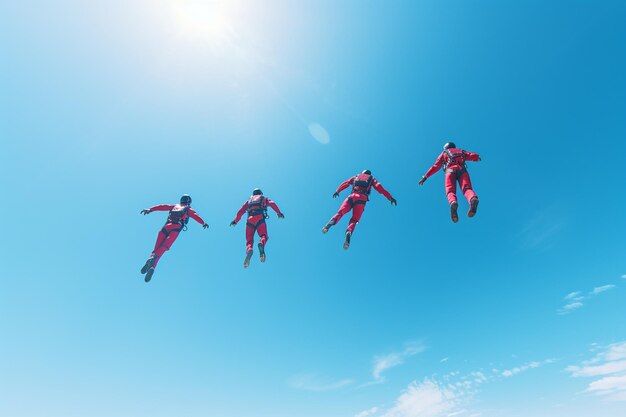 Skydivers descending against a clear blue sky