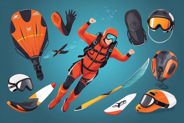 Skydiving amd extreme sports set flat isolated vector illustration