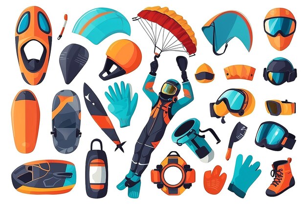 Skydiving amd extreme sports set flat isolated vector illustration