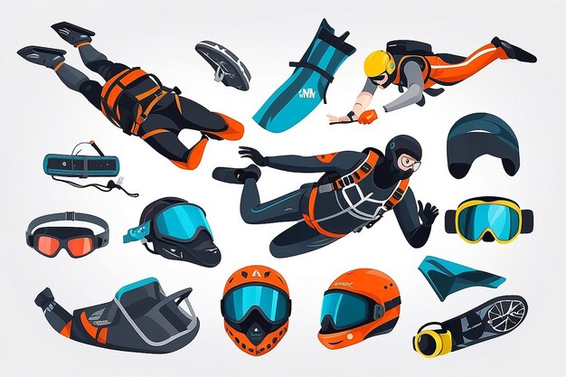 Skydiving amd extreme sports set flat isolated vector illustration