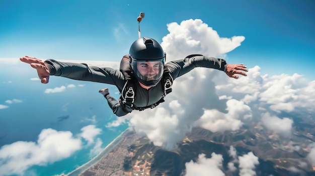 Foto skydiving is een extreme sport waarbij je uit een vliegtuig springt en een tijdje in vrije val valt voordat je een parachute gebruikt