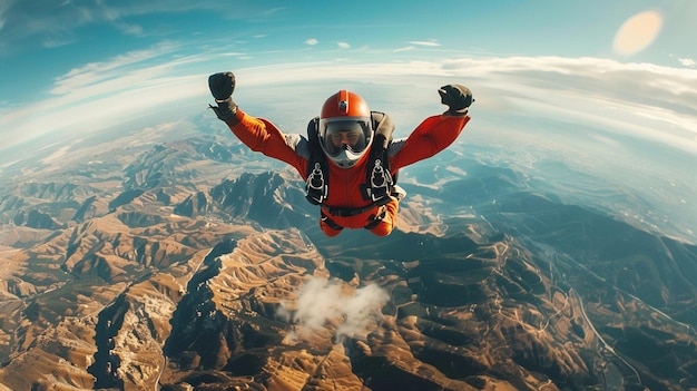사진 낙하산 스파이팅 파라스튜퍼 의복 을 입은 남자 들 이 산 에서 이륙 한다
