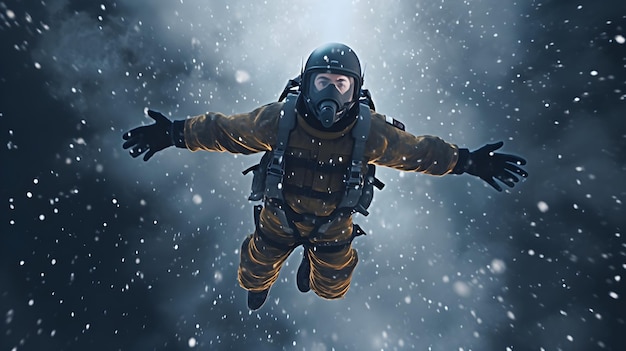 Photo skydiving pilot covered in frostfree falling through dark and scary hail storm cloud