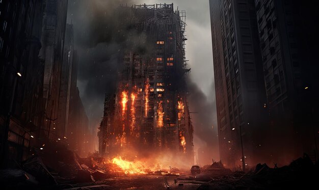 Skyhigh fire and smoke envelop a skyscraper symbolizing destructive power and turmoil AI generative