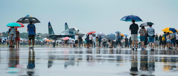 SkyHigh verheugt toeschouwers beschermd door luchtvaart-thema paraplu's op Rainy Airshow