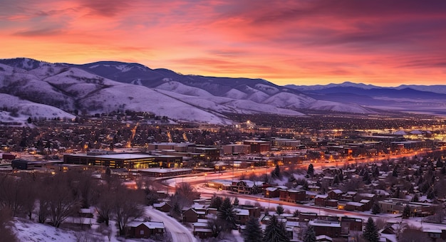 Skyline Aerial of Downtown Park City Utah at Sunset Winter Skiing Destination in the Heart