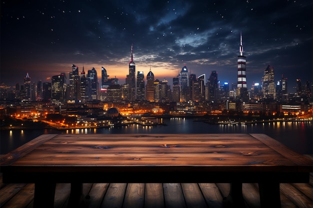 Skyline connection Wooden table amidst city lights under blurred night sky