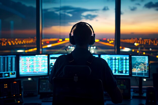 Foto controllori del cielo che navigano il traffico aereo con precisione