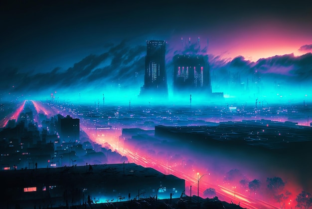 Skyline of cyberpunk neon city at night Fog and glowing lights Generative AI