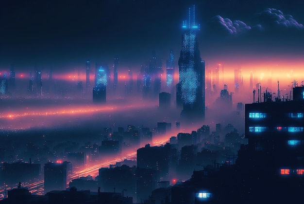 Skyline of cyberpunk neon city at night Fog and glowing lights Generative AI